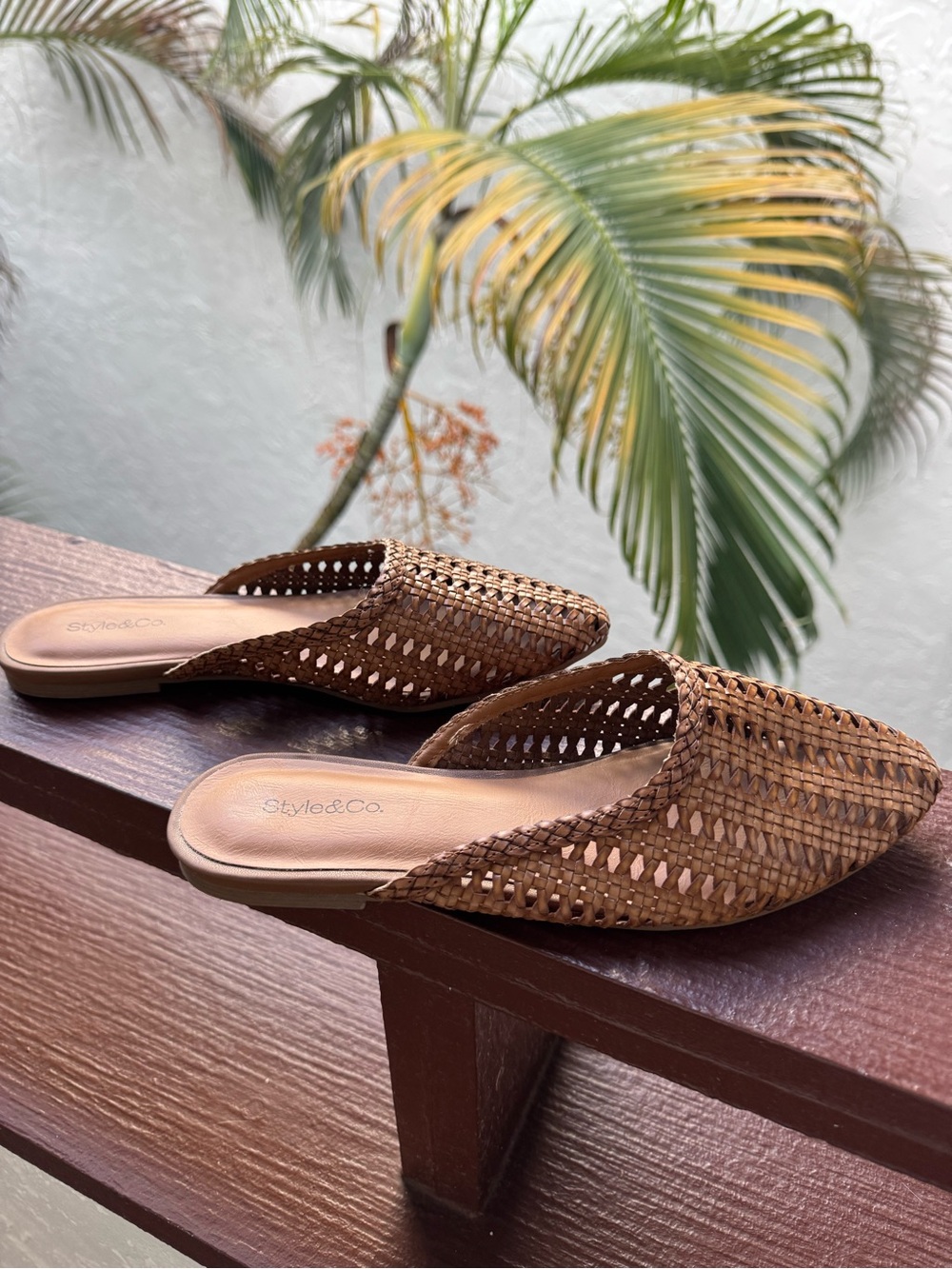 Style & Co. Brown Woven Slip-On Mules